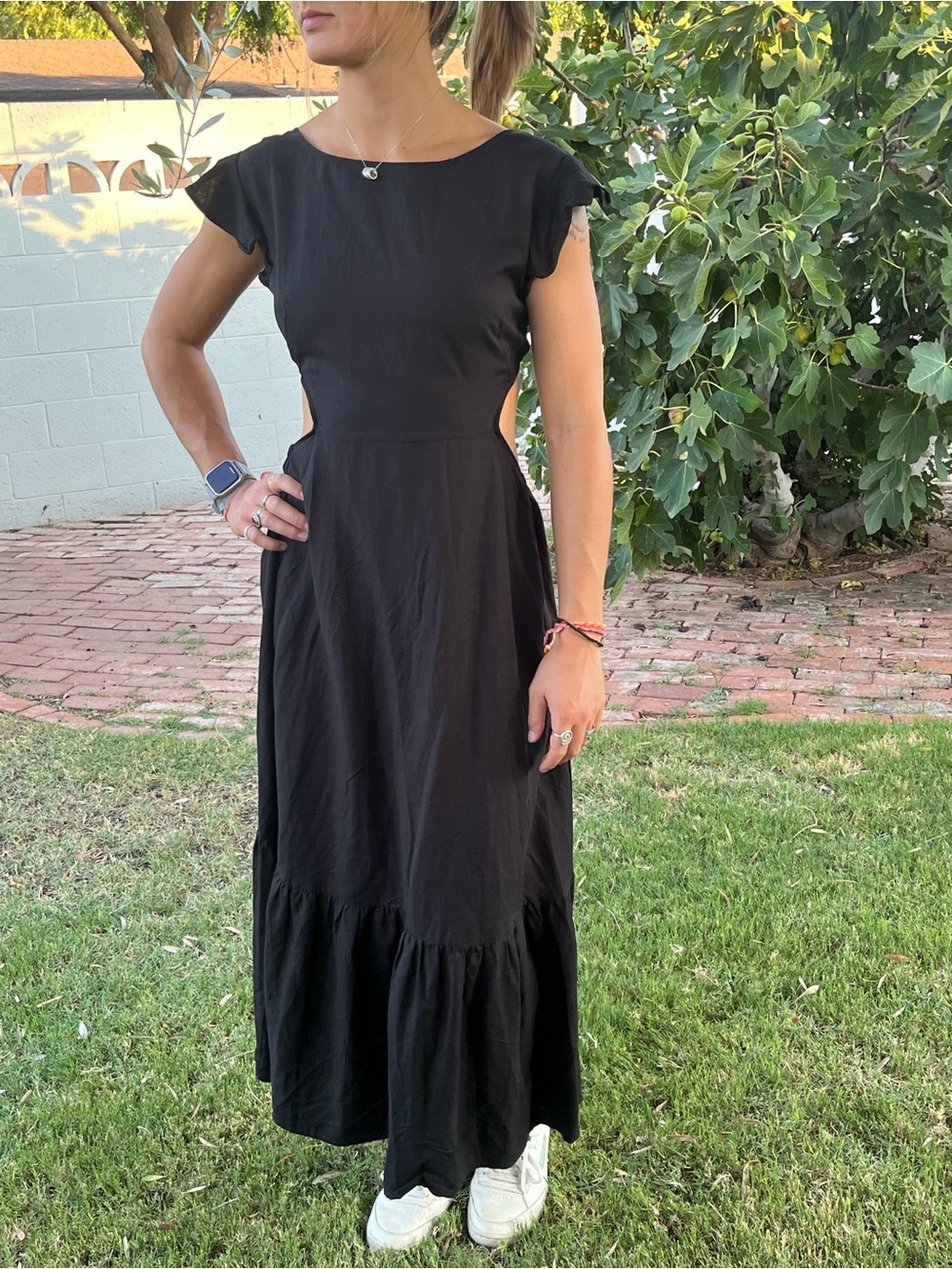 Jason Wu creation Black midi dress. Flutter sleeves and backless w/cutout detail
